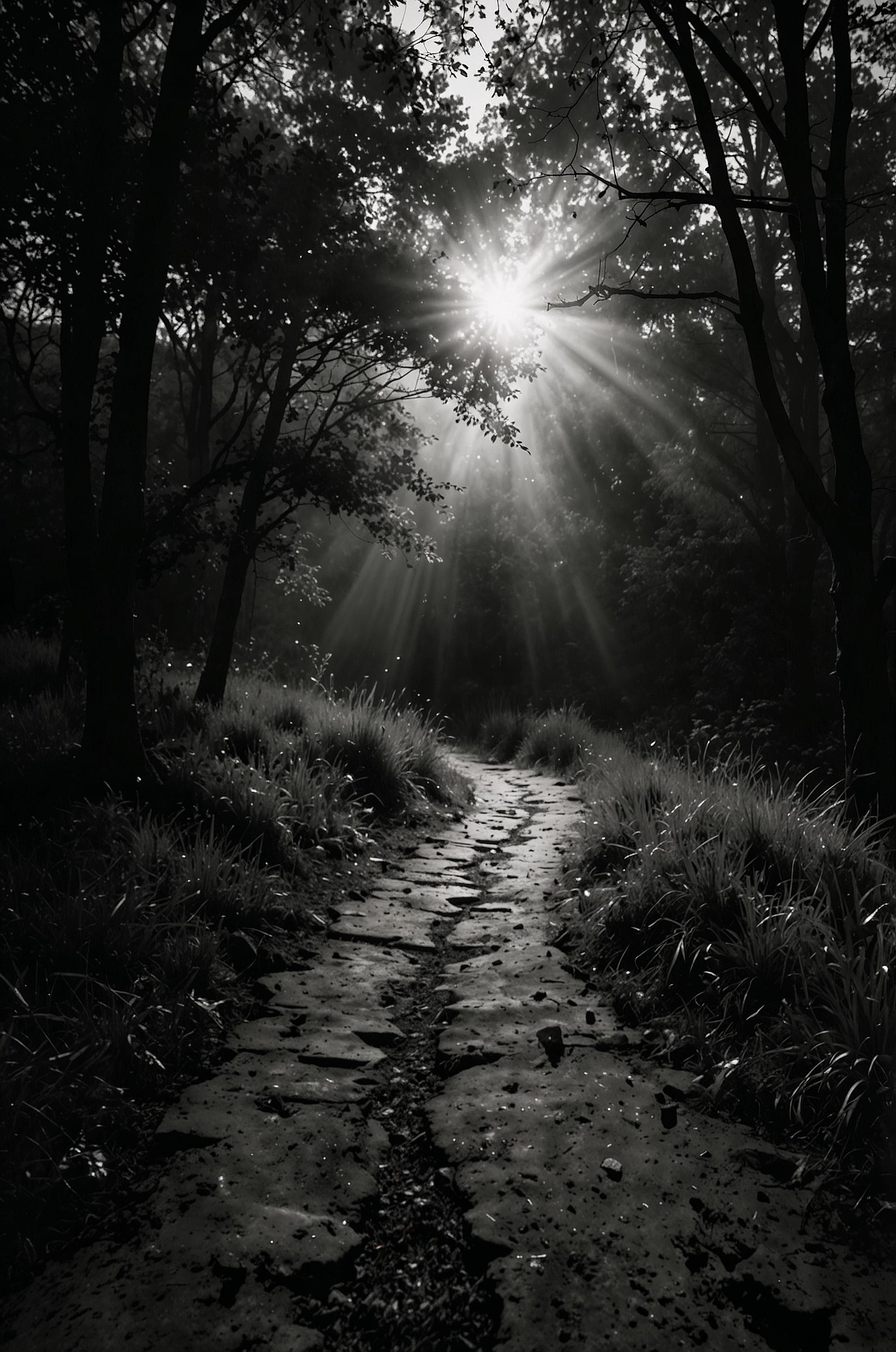 Chemin traversant une forêt et éclairé par les rayons du soleil